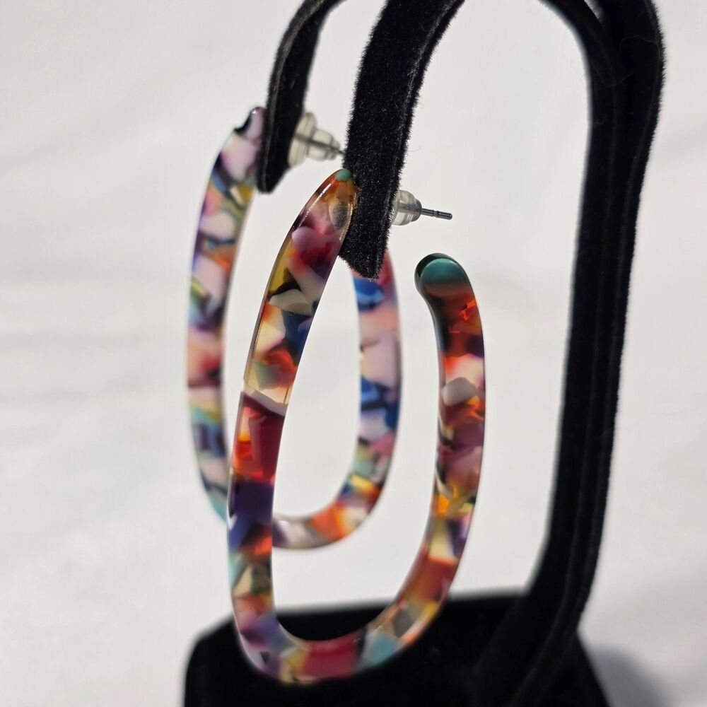 Open U-Shaped Oval Hoop Earrings Vibrant Multicolored Mosaic Design